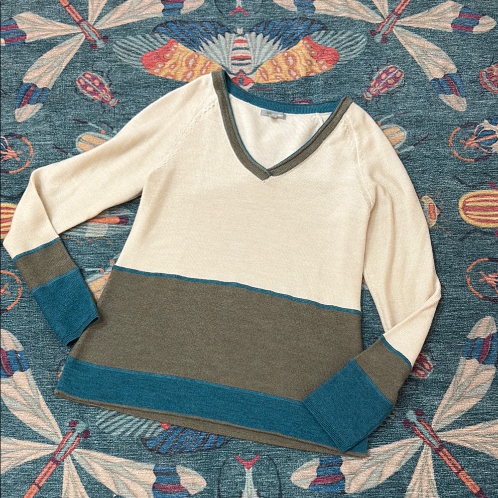 Toad&Co Cream, Olive & Teal V-Neck Sweater